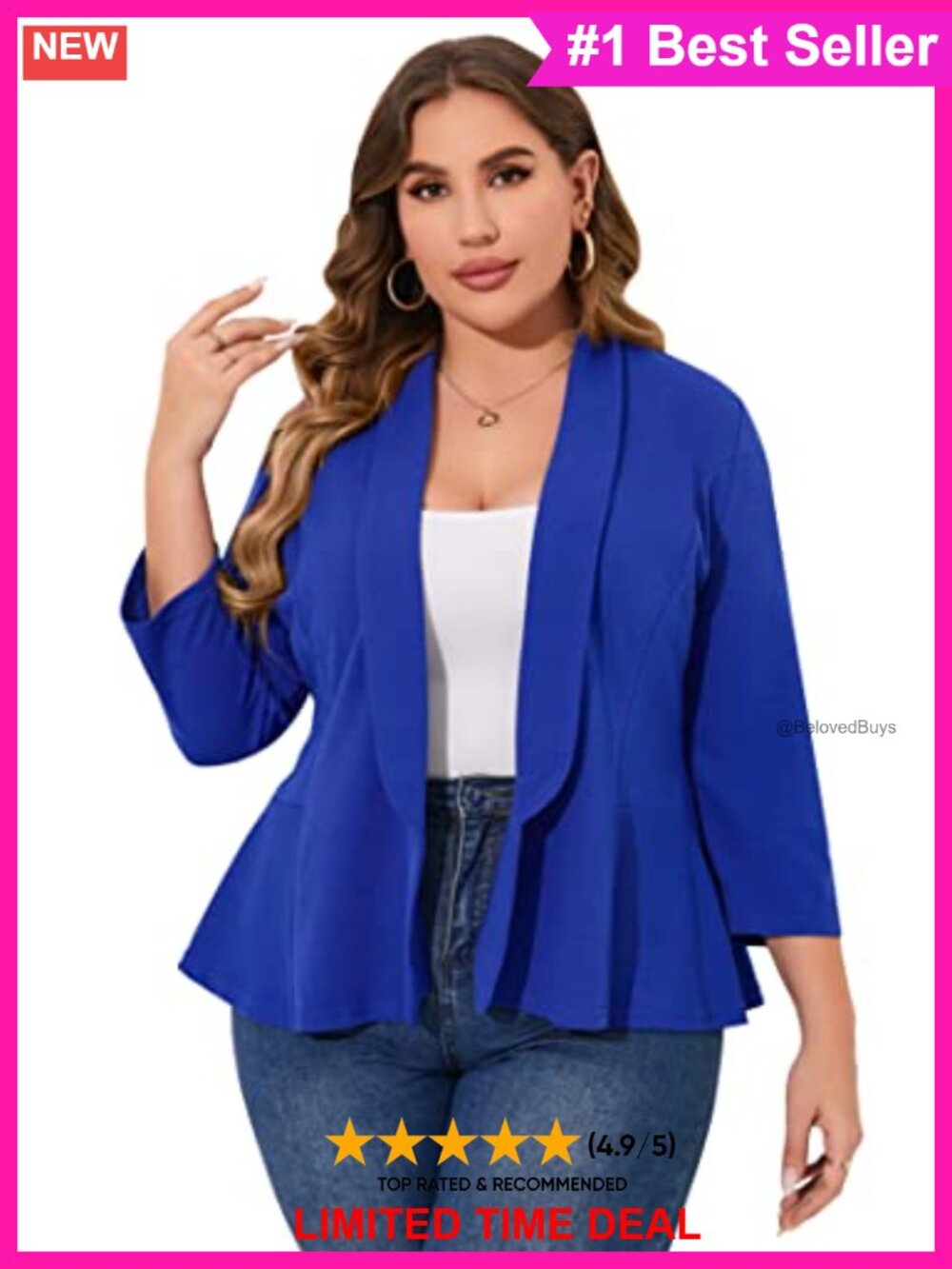 Plus Size 3/4 Sleeve Open Front Blazer Women's Business Casual Suit Jacket